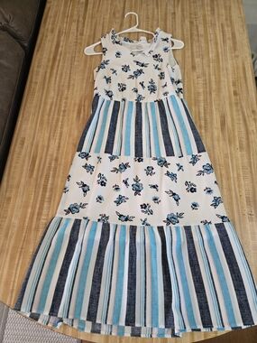 wonder nation White Dress with Blue Floral & Stripe Panels
